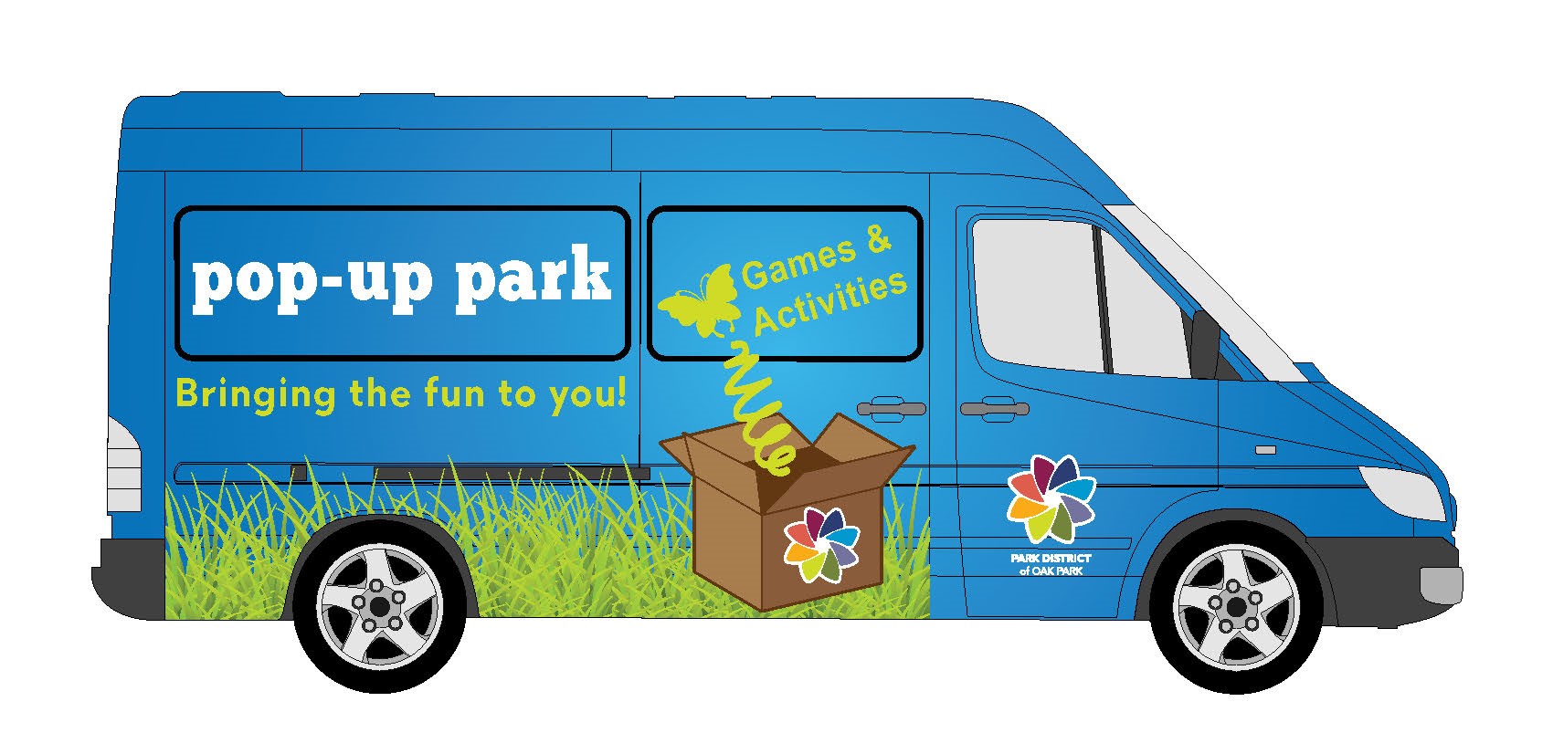 blue pop up park van graphic