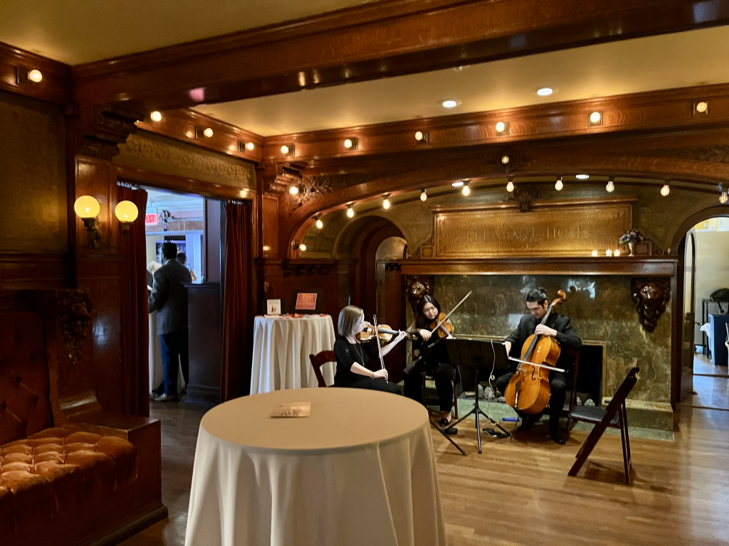 cellist and violinists play in front of the pleasant home fireplace