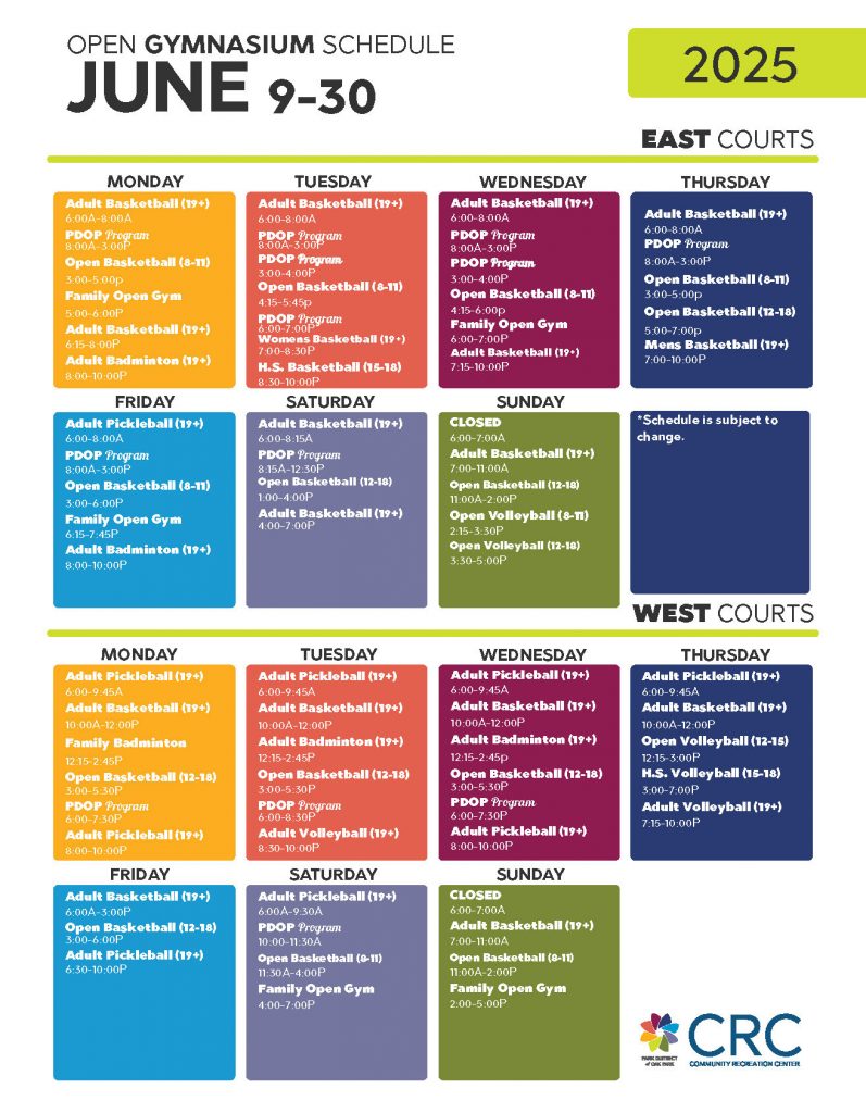 june 9-30 gym schedule, call 708-725-2000 with questions
