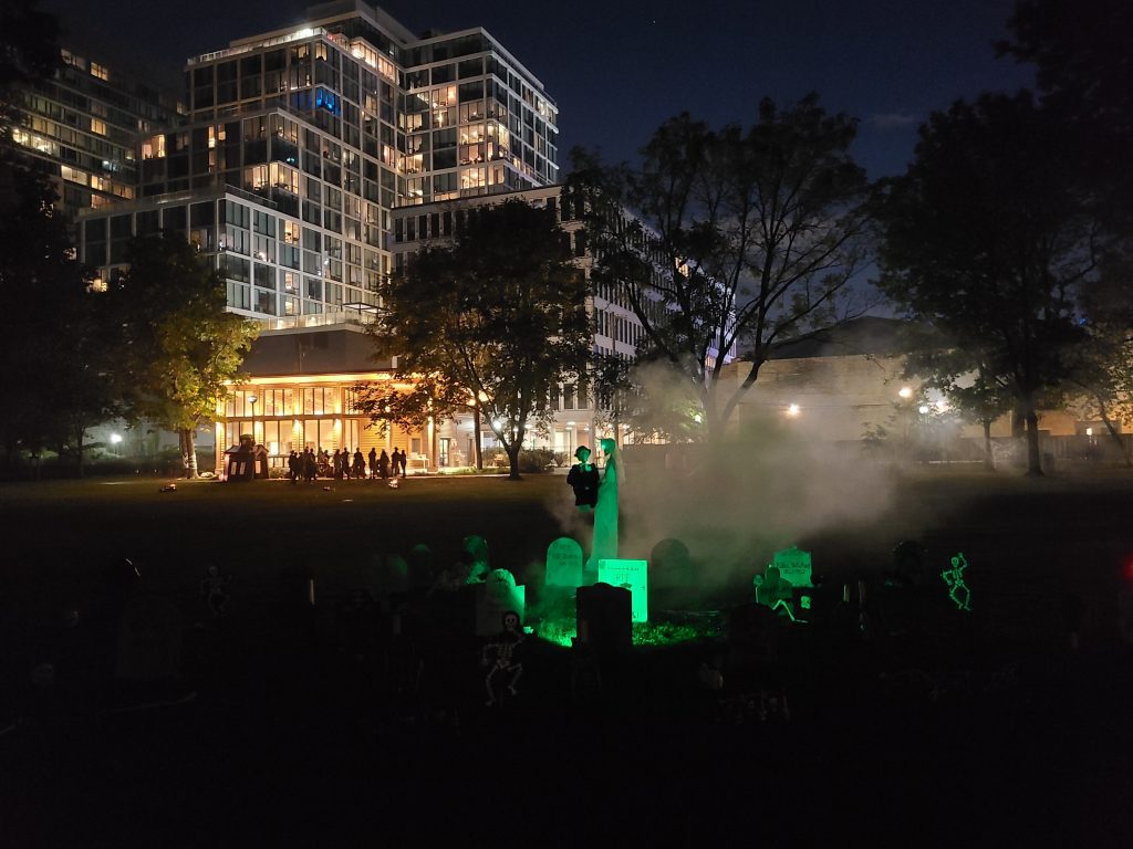 glowing graveyard in front of austin gardens at night
