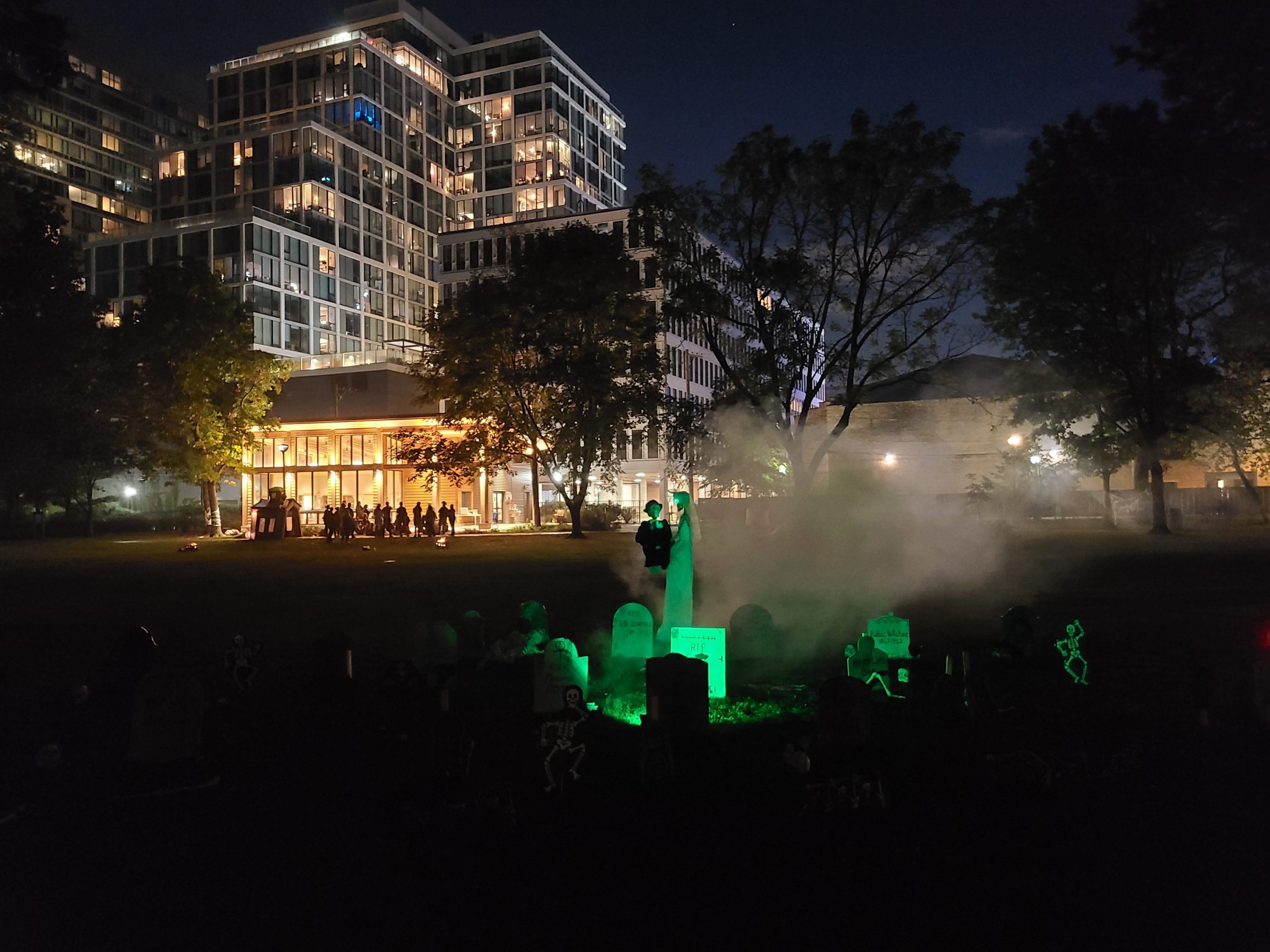glowing graveyard in front of austin gardens at night