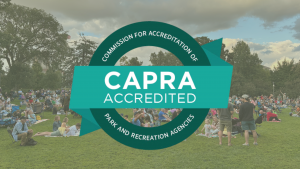 capra accreditation teal logo over a photo of scoville park