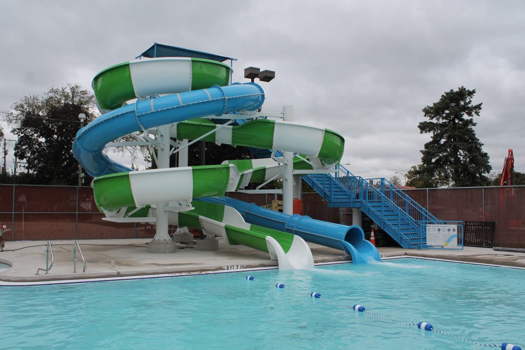 blue and green and white striped waterslides at rehm