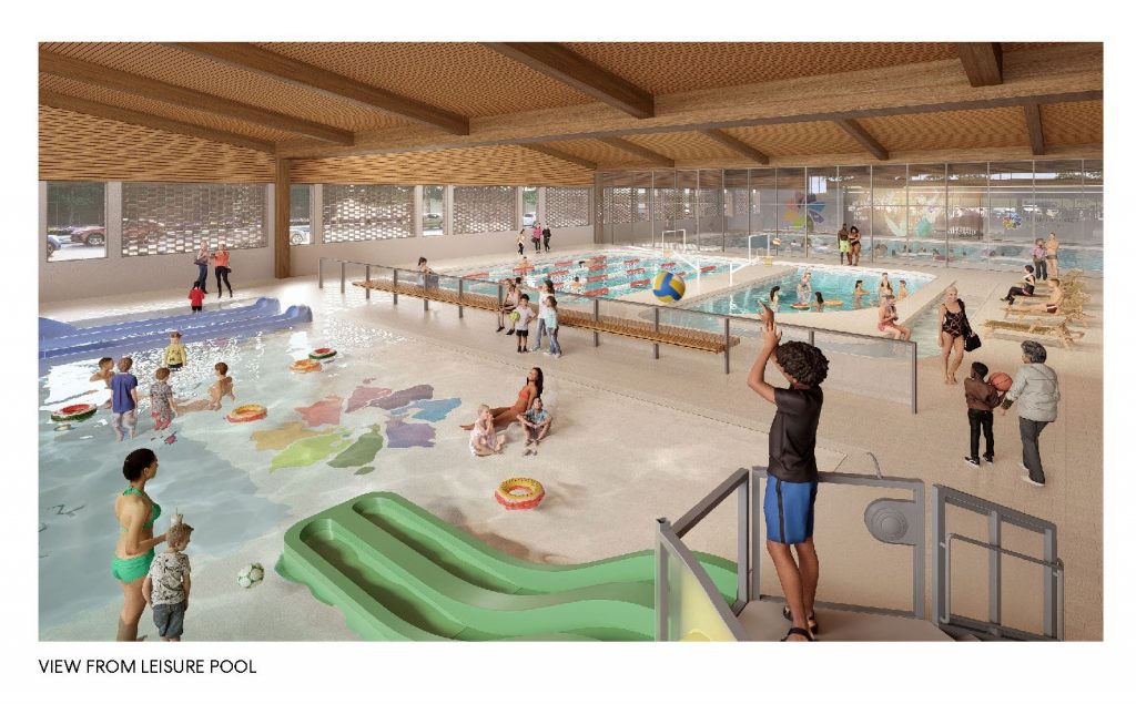 three pools with different functions including a swim lessons pool, waterslide pool, and warm water pool captioned view from leisure pool