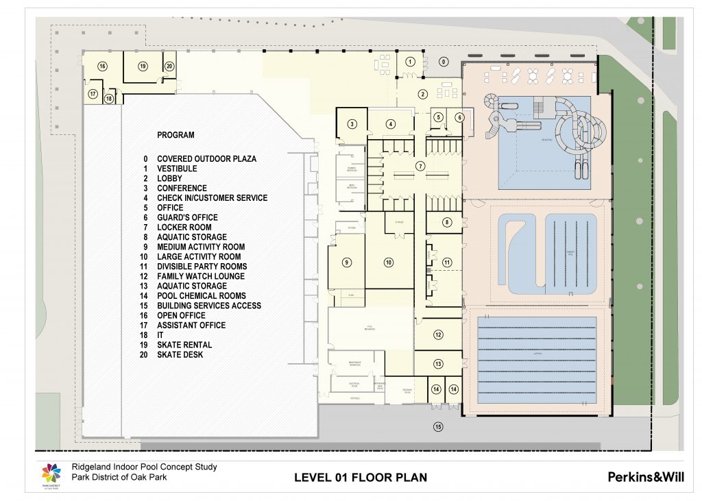 schematic design of proposed indoor aquatics facility laying out the location of the four pool bodies on the east side of ridgeland common recreation complex