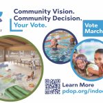 Sign states Community Vision, Community Decision, Your Vote. Vote March 17, 2026. Shows images of a mocked up pool with slides, and people smiling in the water.