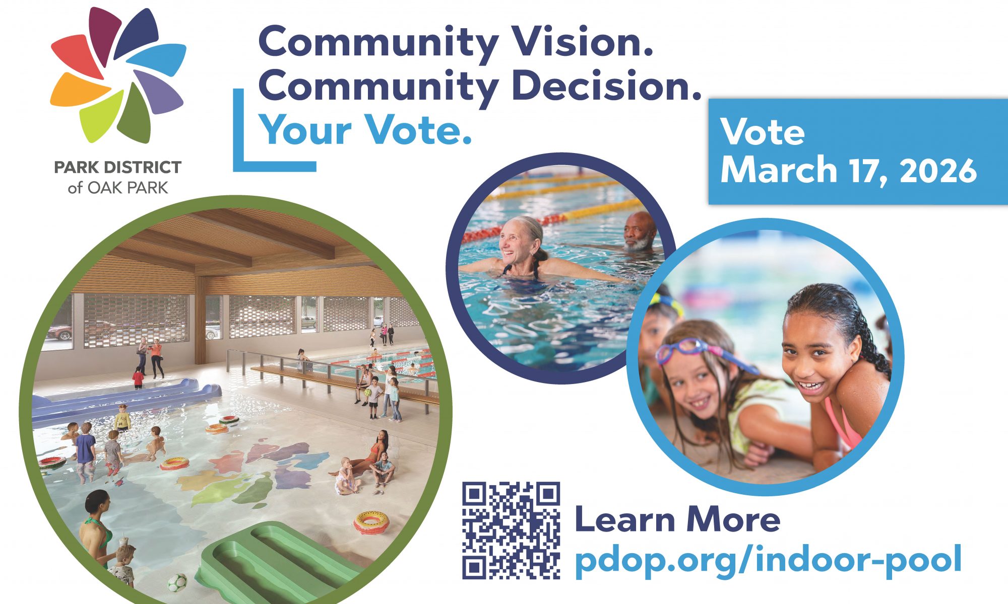 Sign states Community Vision, Community Decision, Your Vote. Vote March 17, 2026. Shows images of a mocked up pool with slides, and people smiling in the water.