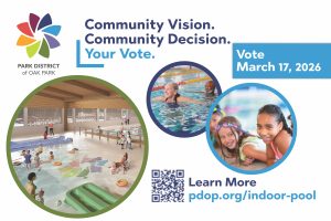 Sign states Community Vision, Community Decision, Your Vote. Vote March 17, 2026. Shows images of a mocked up pool with slides, and people smiling in the water.