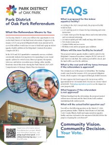 Flyer reads Park District of Oak Park Referendum FAQ Shows images of a mocked up pool with slides, and people smiling in the water.