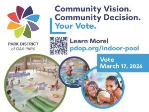 Sign states Community Vision, Community Decision, Your Vote. Vote March 17, 2026. Shows images of a mocked up pool with slides, and people smiling in the water.