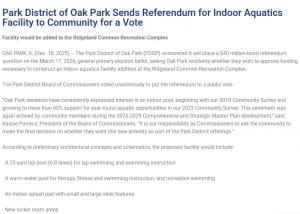 Text reads: park district of oak park sends referendum for indoor aquatics facility to community for a vote