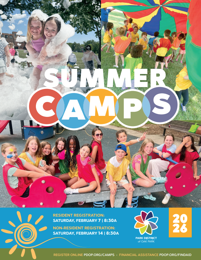 image shows the cover of the summer camp guide with a collage of young children playing at camp, with text overlaid that reads Summer Camps 2026