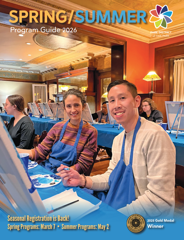 an image of the front page of the spring/summer program guide which shows a couple at a table participating in a paint and sip class
